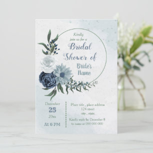 white & blue floral greenery wreath bridal shower invitation
