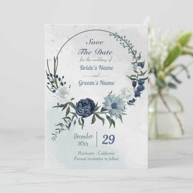 white & blue floral greenery wreath save the date (Standing Front)