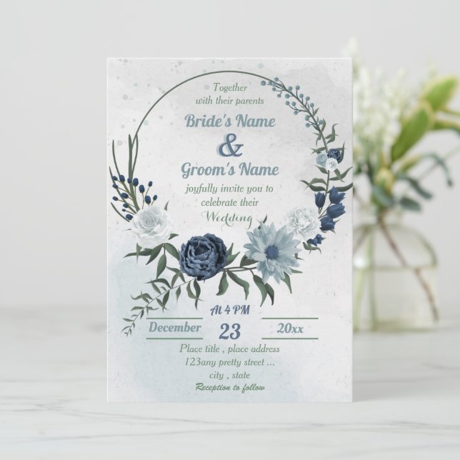 white & blue floral greenery wreath wedding invitation (Standing Front)