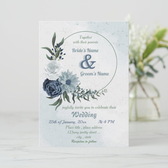 white & blue floral greenery wreath wedding invitation (Standing Front)
