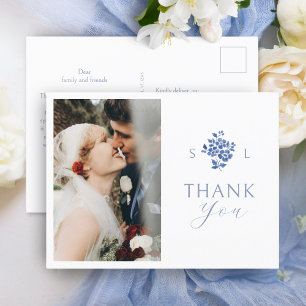 White Blue Floral Monogram Thank You Postcard