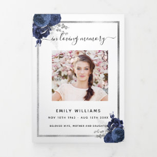 White blue floral photo tri-fold funeral program