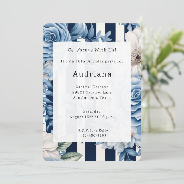 White Blue Floral Stripes Birthday Invitation (Standing Front)