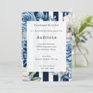 White Blue Floral Stripes Birthday Invitation