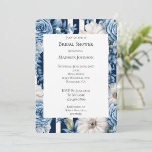 White Blue Floral Stripes Bridal Shower Invitation