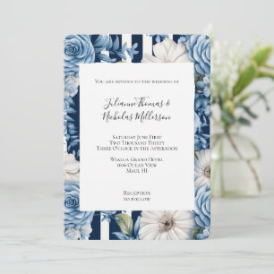 White Blue Floral Stripes Wedding Invitation