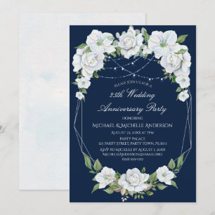 White Blue Floral Watercolor 25th Anniversary Invitation
