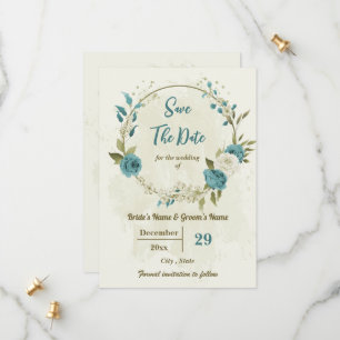 white & blue flowers botanical wedding save the date