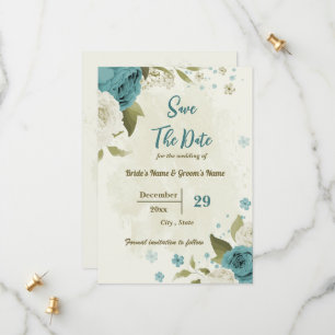 white & blue flowers botanical wedding save the date