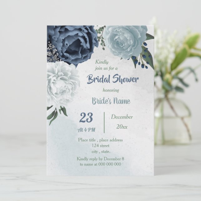 white blue flowers greenery bridal shower invitation (Standing Front)