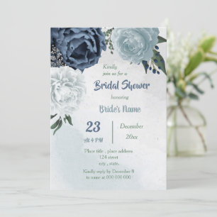 white blue flowers greenery bridal shower invitation