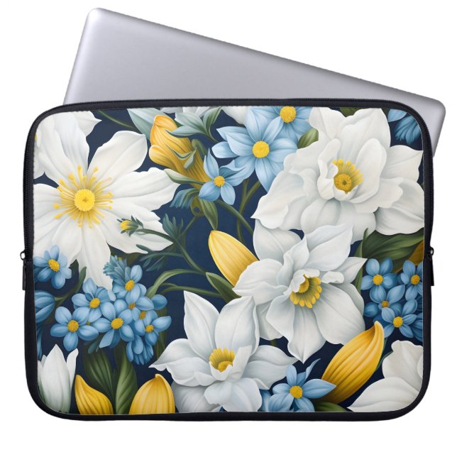 White Blue Flowers Laptop Sleeve (Front)