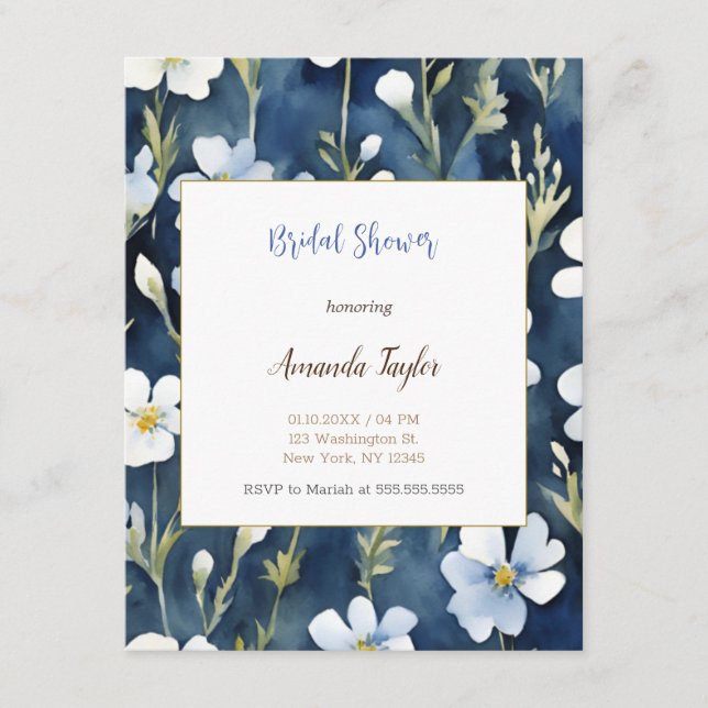 White Blue Flowers Minimal Bridal Shower Card (Front)