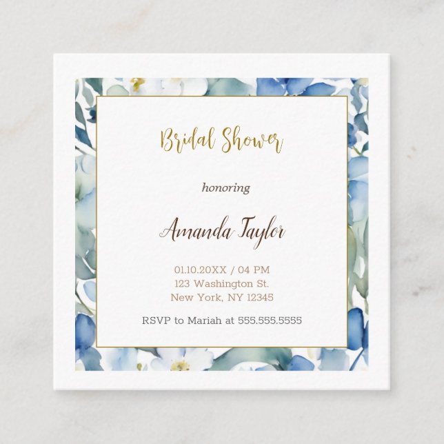 White Blue Flowers Minimal Bridal Shower Enclosure Card (Front)