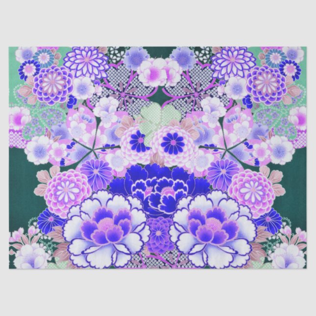 WHITE BLUE FLOWERS Peony,Roses Japanese Floral Tissue Paper (Front)