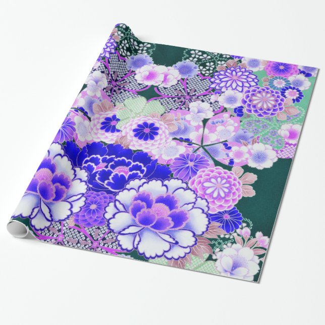 WHITE BLUE FLOWERS Peony,Roses Japanese Floral Wrapping Paper (Unrolled)