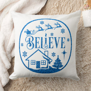 White & Blue Glitter Believe Christmas Decorative Cushion