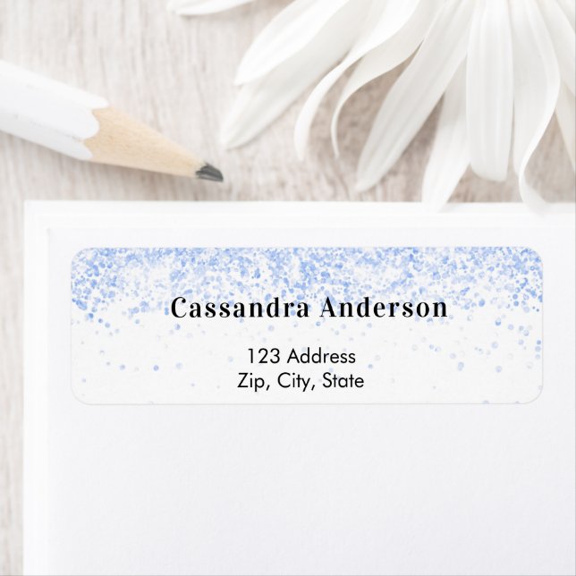 White blue glitter glamourous return address (Insitu)