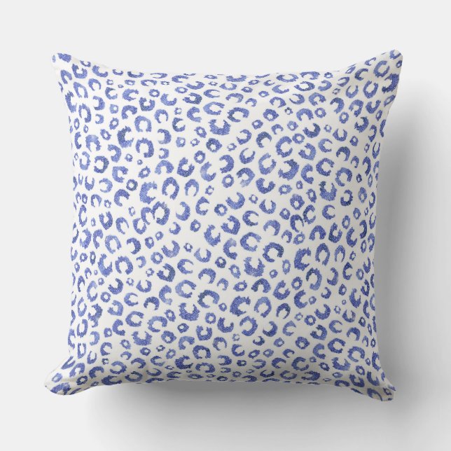 White Blue Glitter Leopard Animal Print Cushion (Front)
