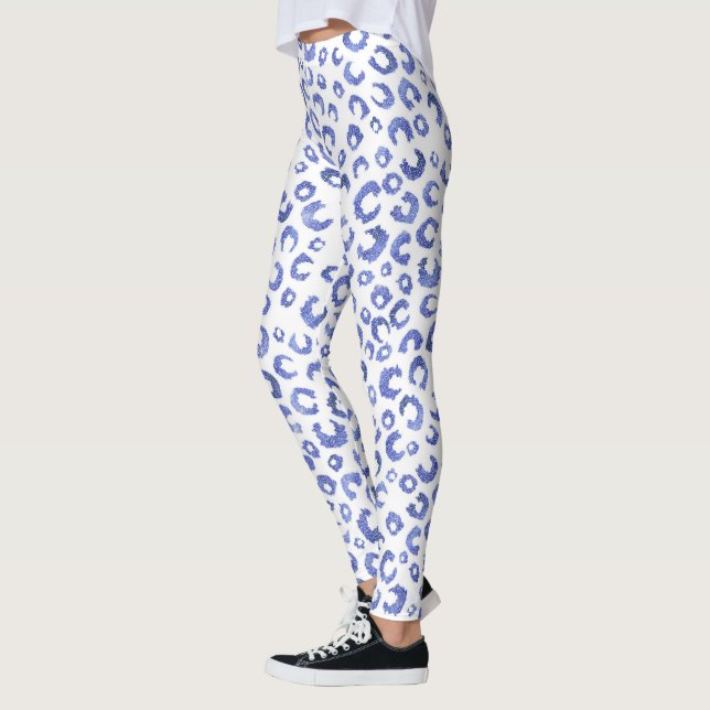 White Blue Glitter Leopard Animal Print Leggings (Left)