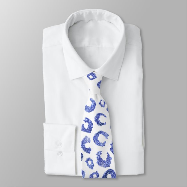 White Blue Glitter Leopard Animal Print Tie (Tied)