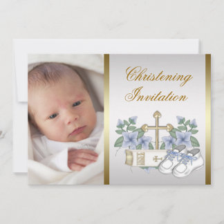 White Blue Gold Baby Boy Photo Christening Invitation