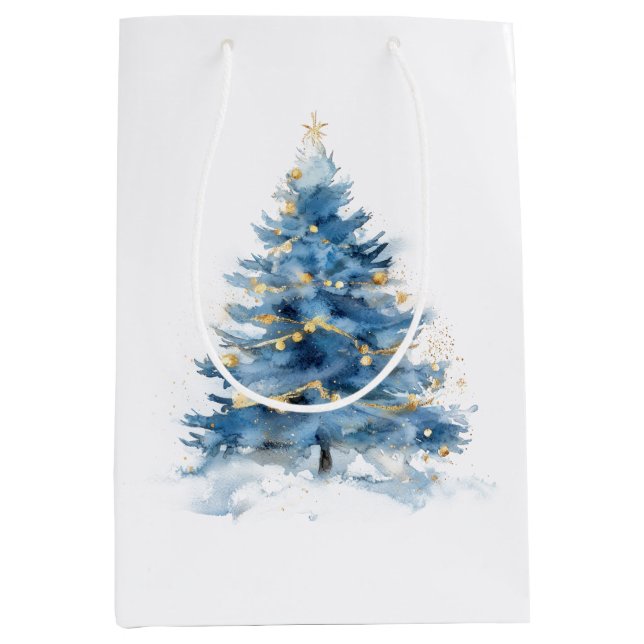 White Blue Gold Christmas Trees Medium Gift Bag (Front)