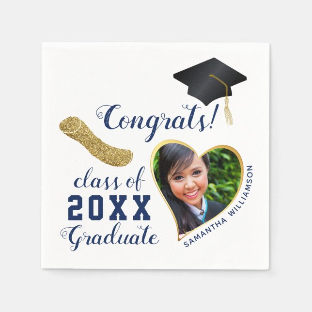 White Blue Gold Class of 2025 Graduate Graduation Napkin (Front)