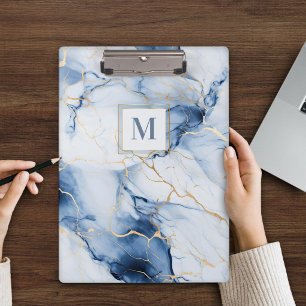White Blue Gold Marble Monogram Initial Clipboard
