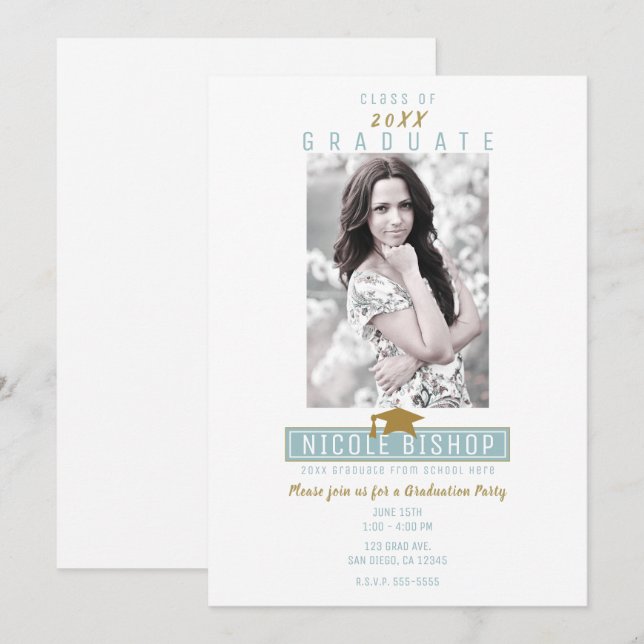 White Blue Gold Modern Photo Graduation Party Invitation (Front/Back)