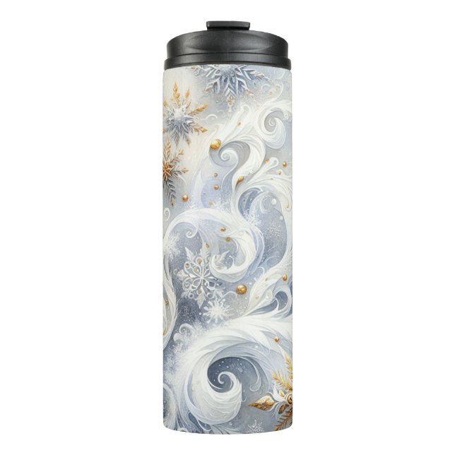 WHITE BLUE GOLD SILVER ABSTRACT WINTER SNOWFLAKES THERMAL TUMBLER (Front)