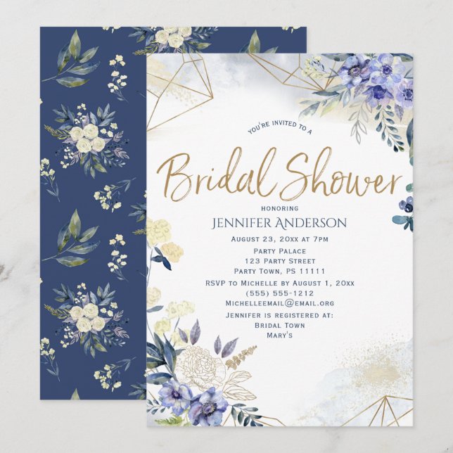 White Blue Gold Watercolor Floral Bridal Shower Invitation (Front/Back)