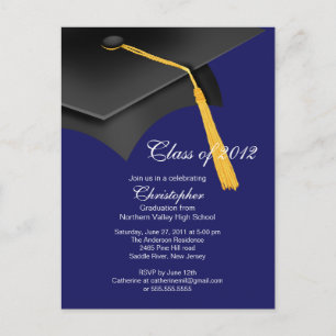 White Blue Grad Cap Graduation Party Invitation Postcard