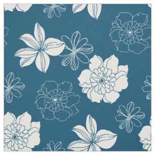 White & Blue Graphic Floral Pattern Fabric
