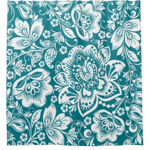 White & Blue-Green Baroque Floral Pattern Shower Curtain