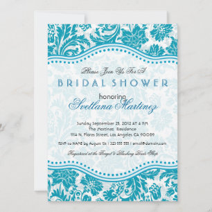 White & Blue-Green Floral Dam Bridal Shower Invite