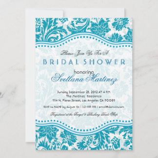White & Blue-Green Floral Dam Bridal Shower Invite