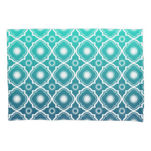 White & Blue Green Gradient Geometric Quatrefoil Pillowcase