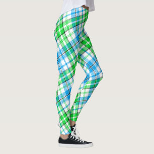 White Blue Green Plaid Tartan Design Leggings