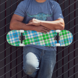 White Blue Green Plaid Tartan Design Skateboard