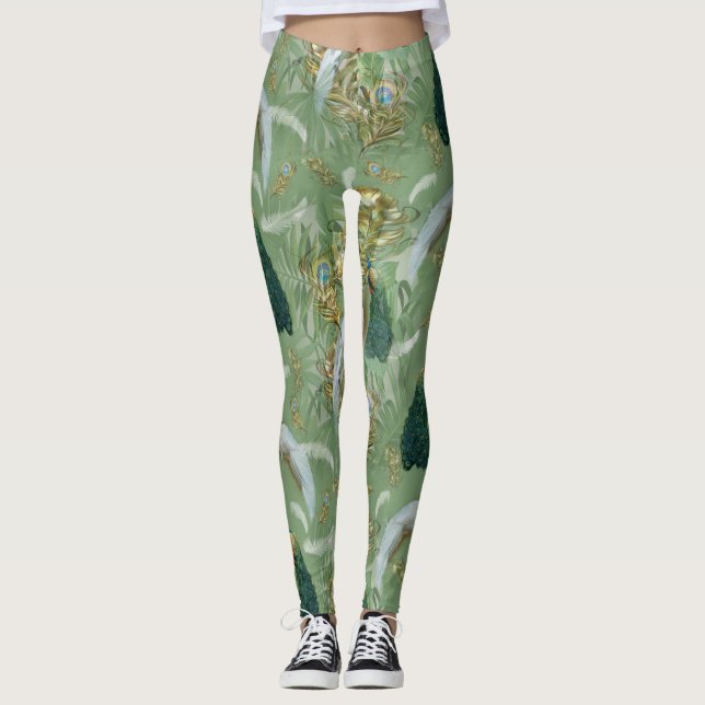 White & Blue-green Royal-Peacocks Fantasy Leggings (Front)