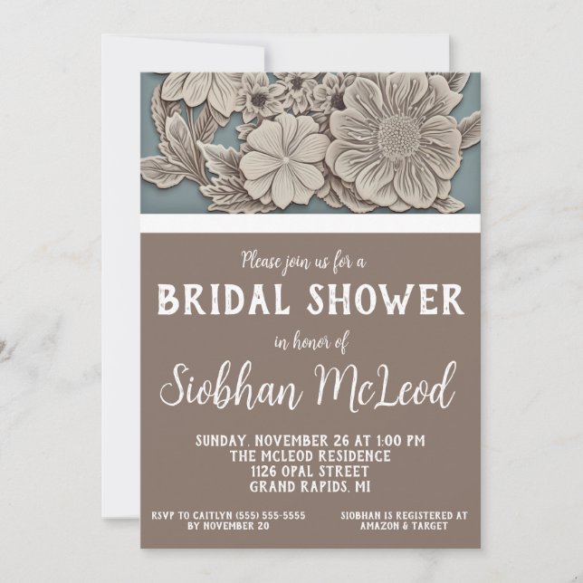 White, Blue, Grey 3D Floral Bridal Shower Invitation (Front)