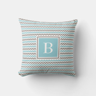 White Blue Grey Chevron Monogram Pillow