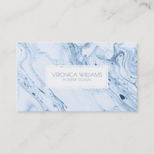 White & Blue-Grey Modern Marble Swirls Business Card (Front)