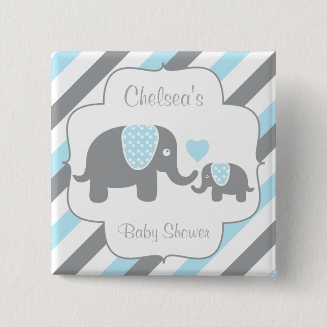 White, Blue & Grey Stripe Elephants Baby Shower 15 Cm Square Badge (Front)