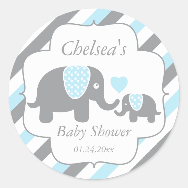 White, Blue & Grey Stripe Elephants Baby Shower Classic Round Sticker (Front)