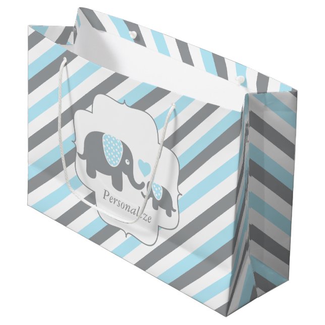 White, Blue & Grey Stripe Elephants Baby Shower Large Gift Bag (Front Angled)