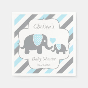 White, Blue & Grey Stripe Elephants Baby Shower Napkin