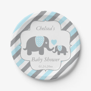 White, Blue & Grey Stripe Elephants Baby Shower Paper Plate