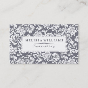 White & Blue-Grey Vintage Floral Damasks Business Card